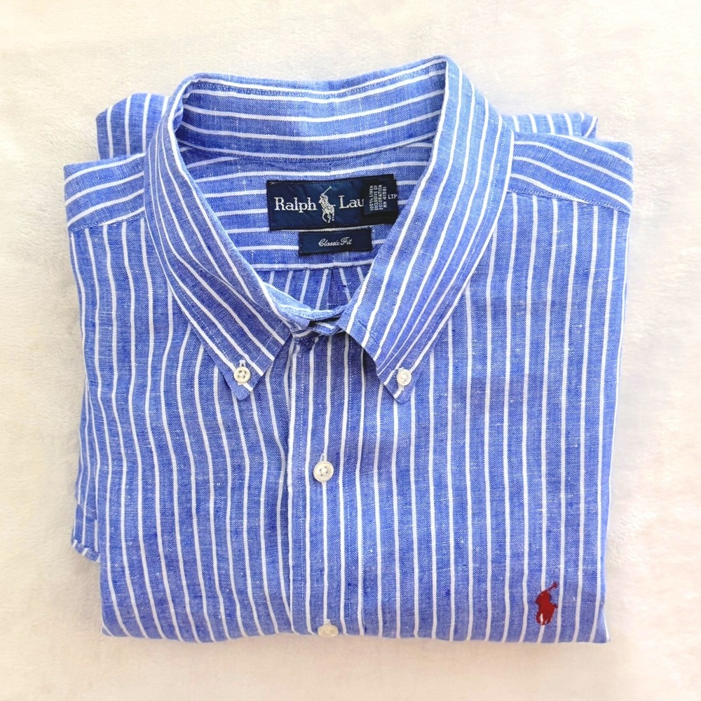 Ralph Lauren Shirt Mens XL Blue White Striped Linen Short Sleeve Classic Fit EXC